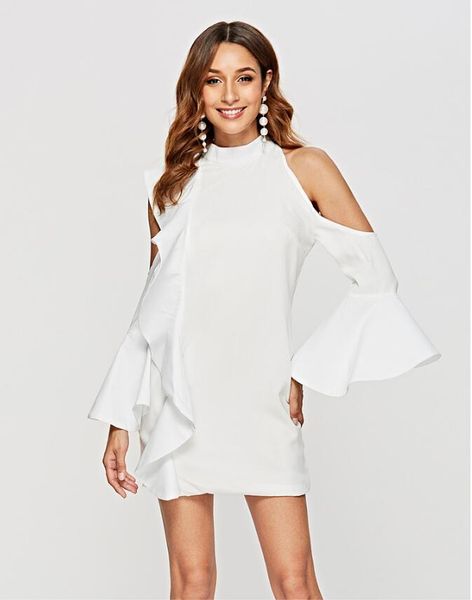 casual dresses arrival off shoulder o-neck long ruffles sleeve dress women mini white celebrity party beach sp-003, Black;gray